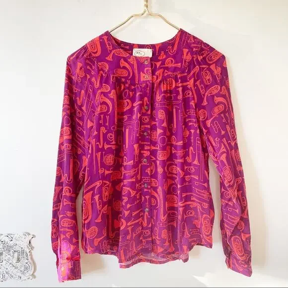 Anthropologie Toot Your Horn 22 of 52 Conversations Instrumet Shirt Blouse 2 XS - Picture 3 of 9